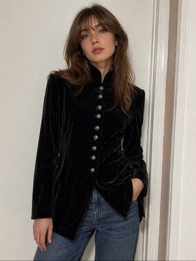 Coldwater Creek Black Velvet Military-Style Button Jacket